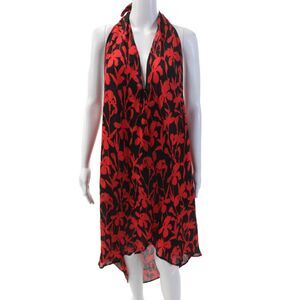 Muze Womens Floral Print Sheer Halter Neck Open Coverup Dress Black Red OS